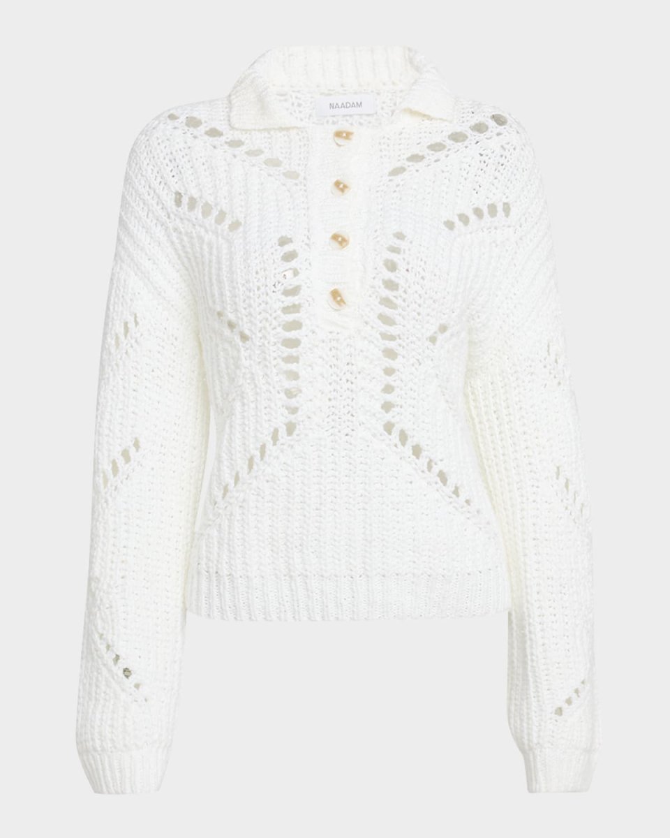 Ribbed Open-Stitch Quarter Button Sweater